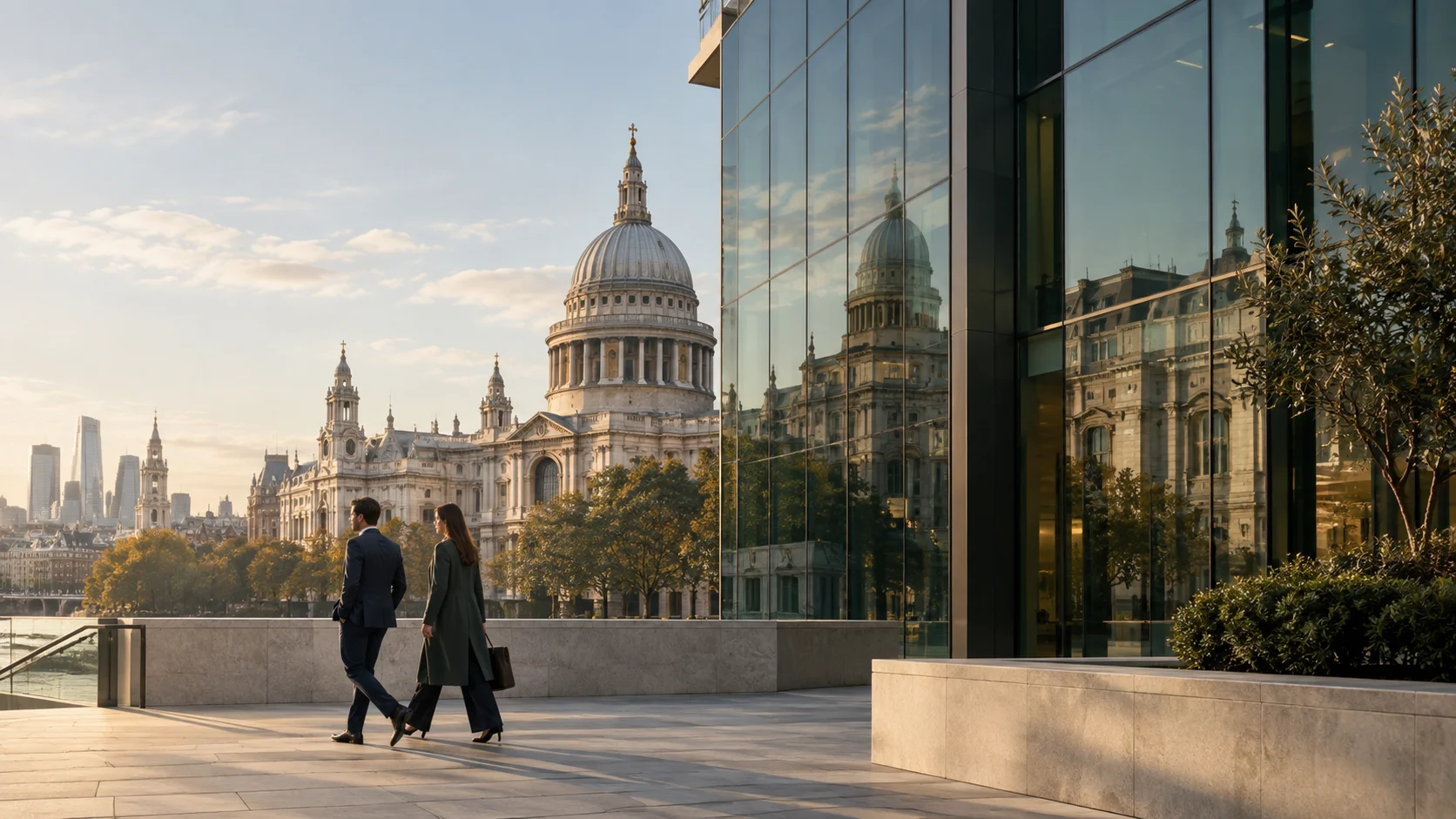 Two business professionals walking together in the City of London