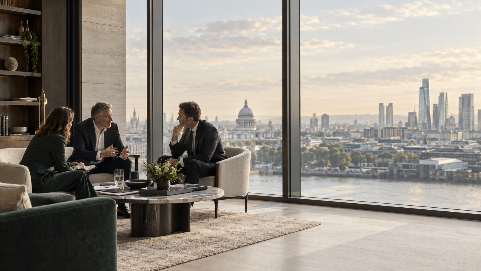 Corporate advisers in discussion overlooking the City of London