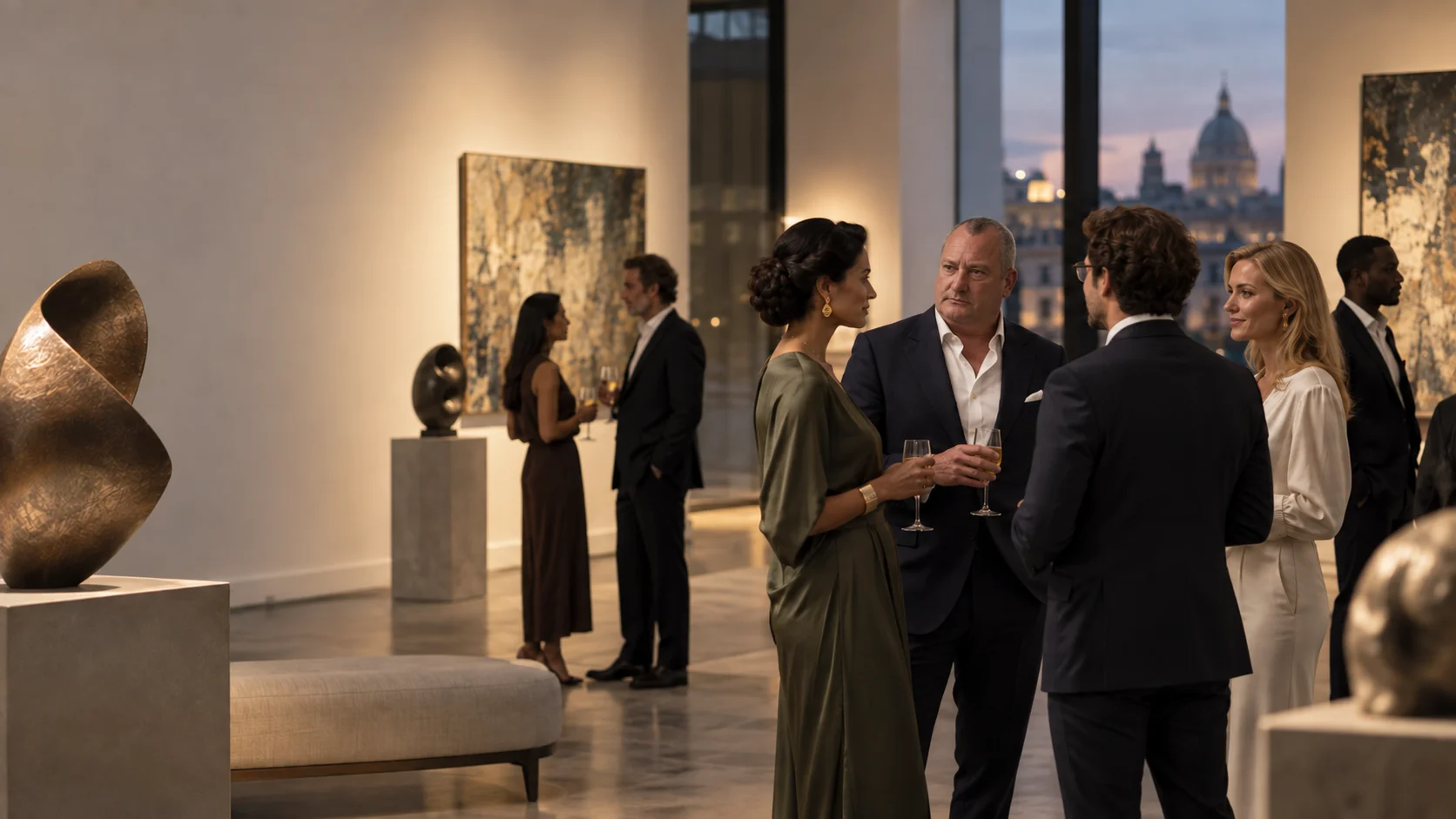 Guests in conversation at a contemporary private art gallery