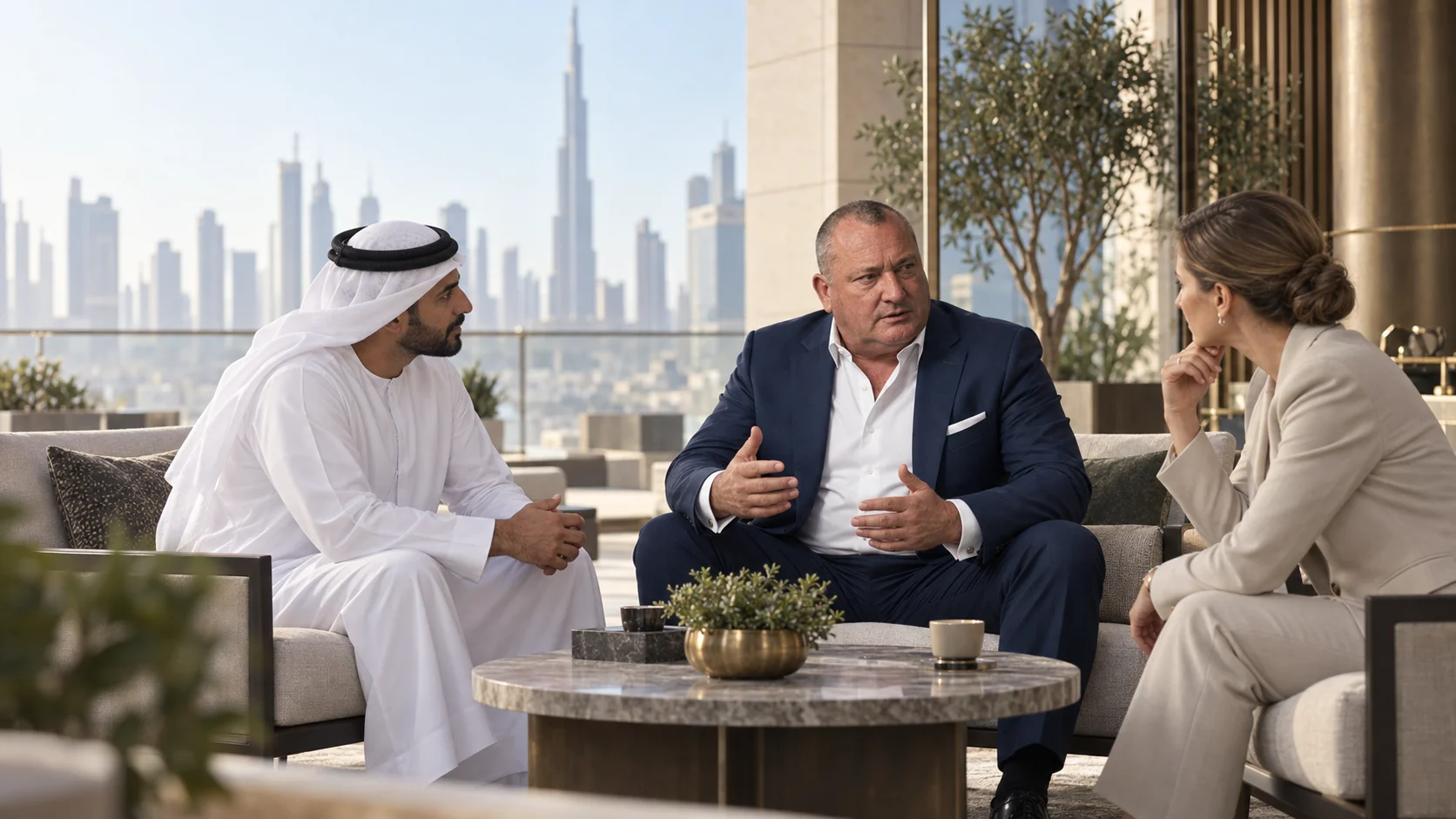 Three advisers in conversation overlooking the Dubai skyline