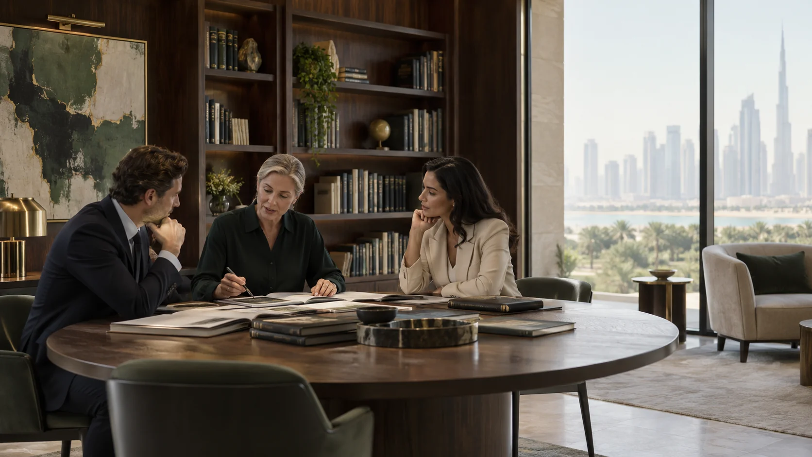 Advisers reviewing investment materials around a table