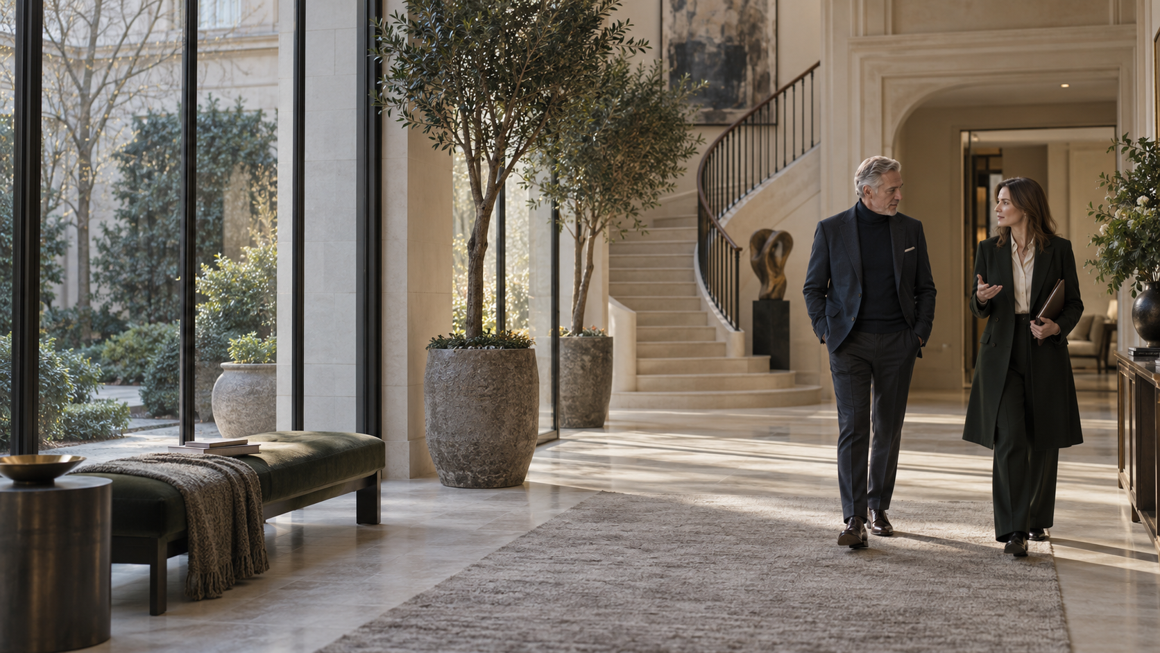 A private client walking with an adviser through a calm residential interior