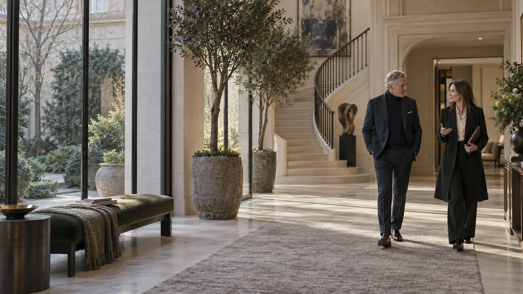 A private client walking with an adviser through a calm residential interior