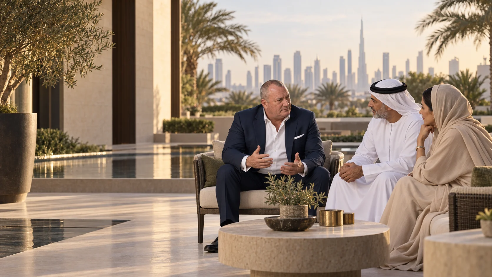 A private capital discussion overlooking the Dubai skyline