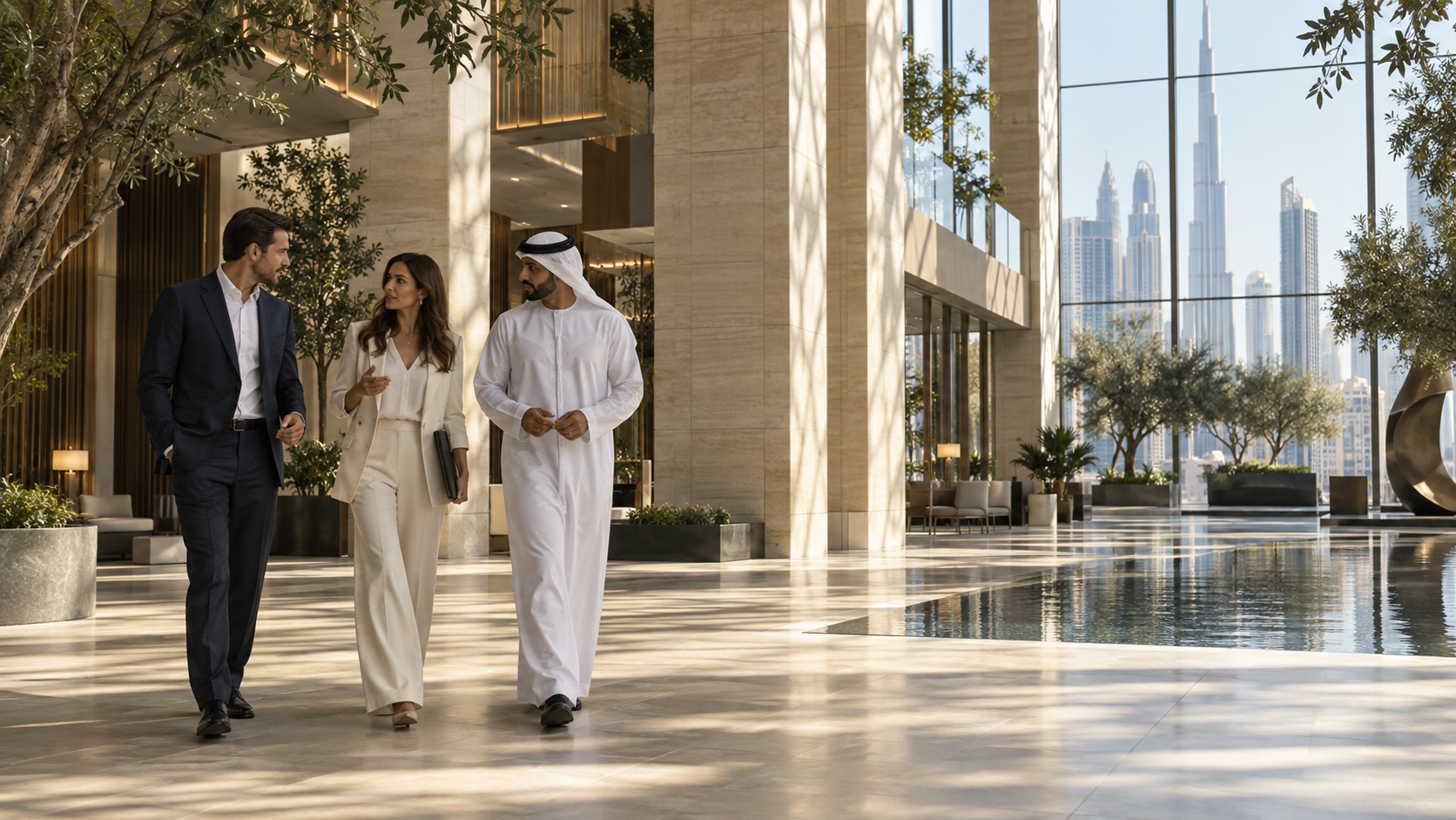 Advisers and a client in conversation in a Dubai setting