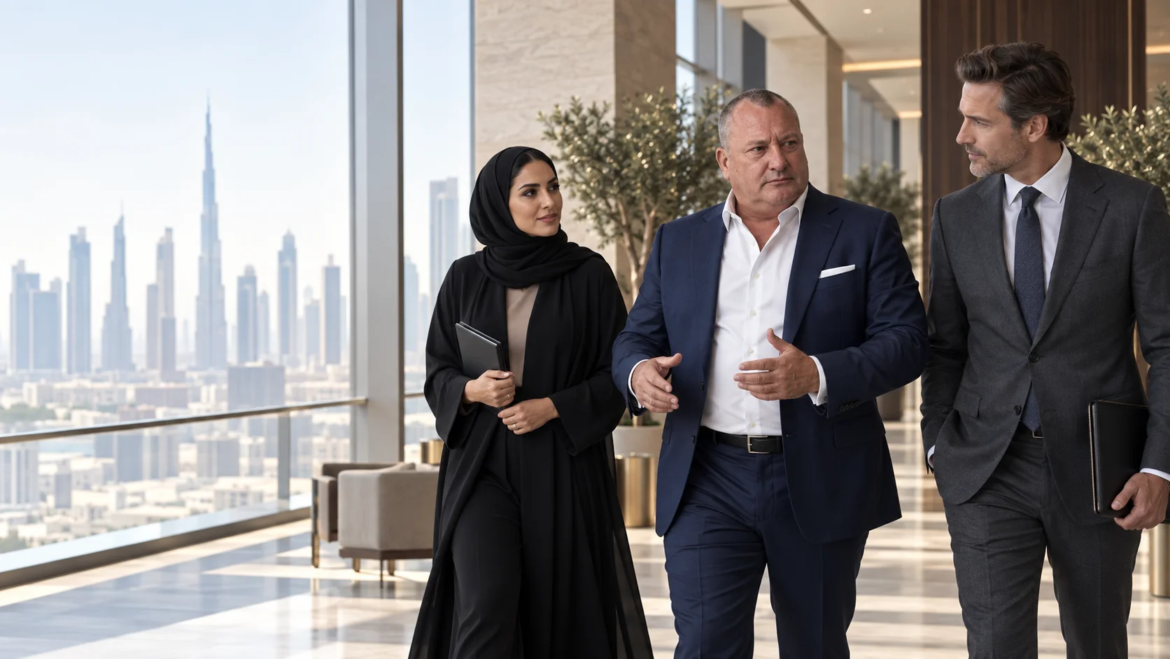 Three business leaders in conversation overlooking Dubai